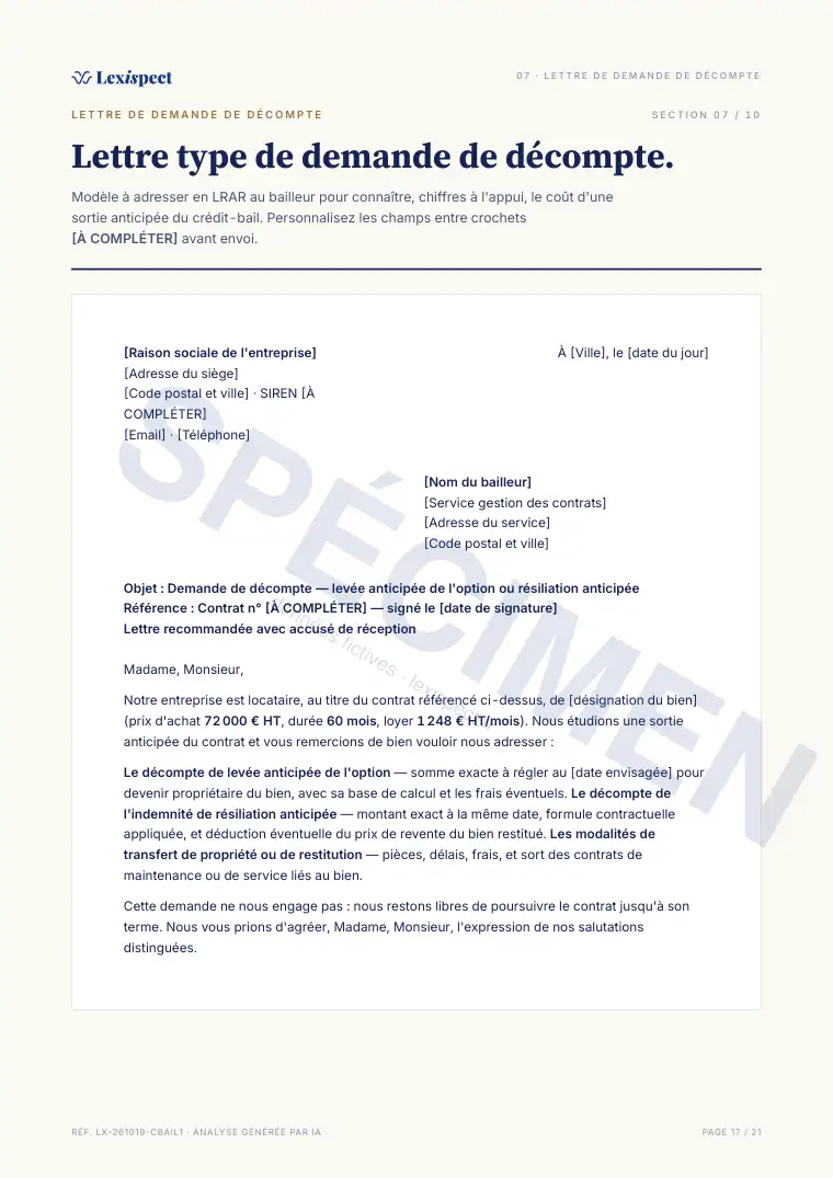 Page 17 du rapport Crédit-bail / leasing pro, spécimen