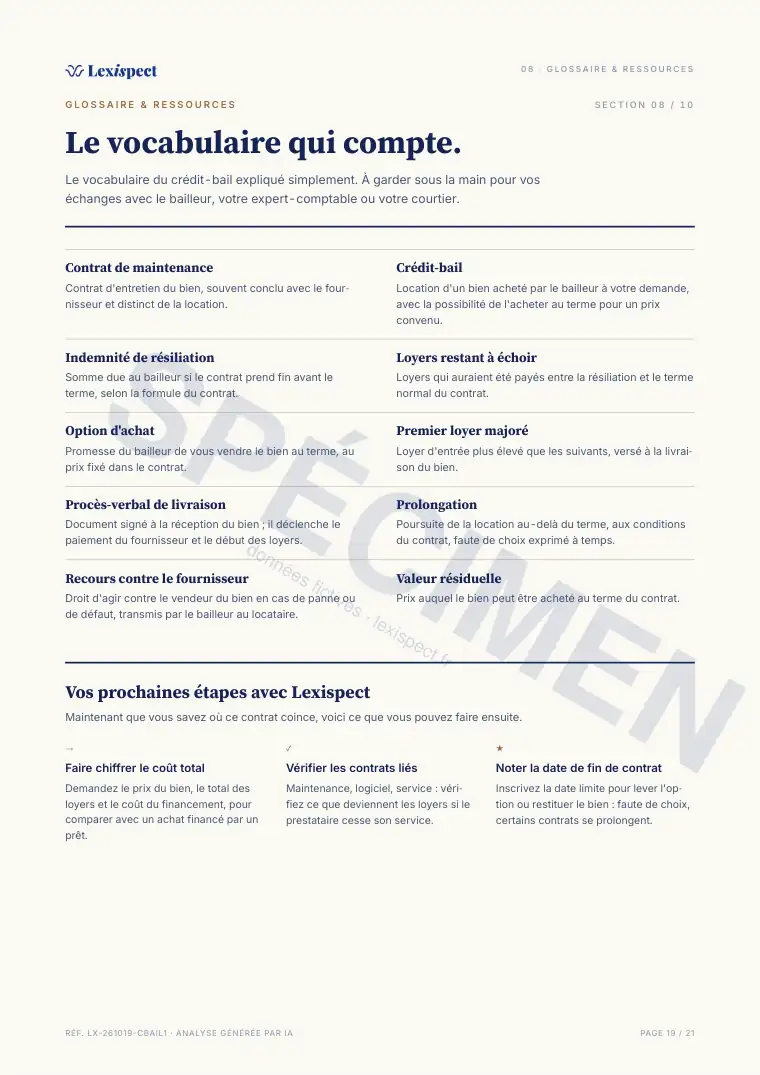 Page 19 du rapport Crédit-bail / leasing pro, spécimen