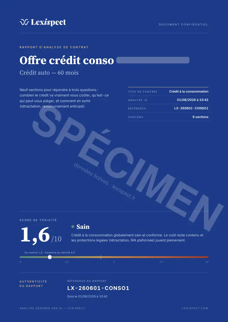 Page 1 du rapport Crédit à la consommation, spécimen