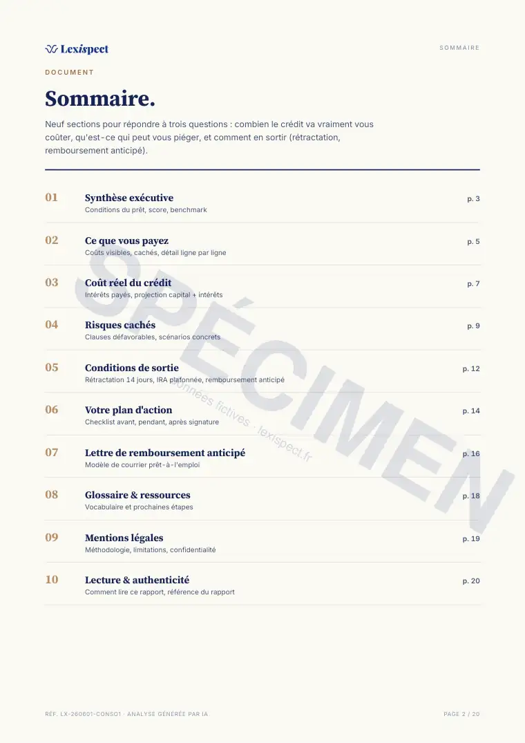 Page 2 du rapport Crédit à la consommation, spécimen