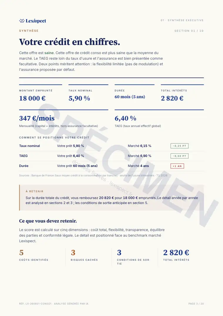 Page 3 du rapport Crédit à la consommation, spécimen
