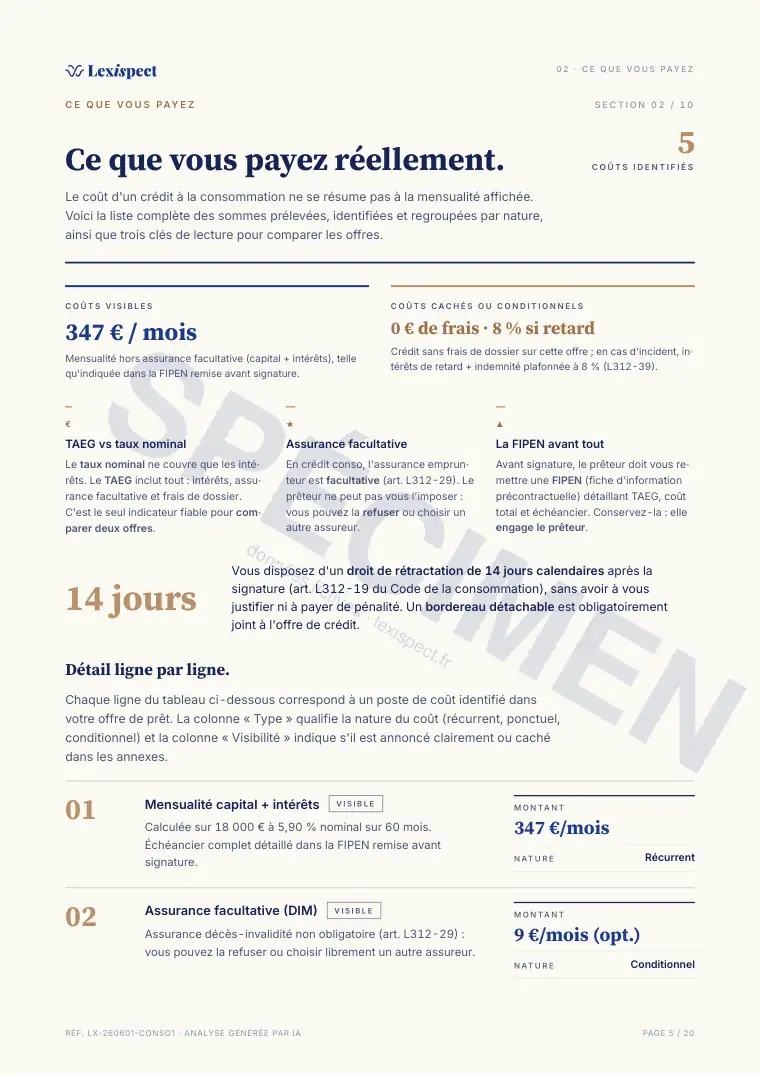 Page 5 du rapport Crédit à la consommation, spécimen