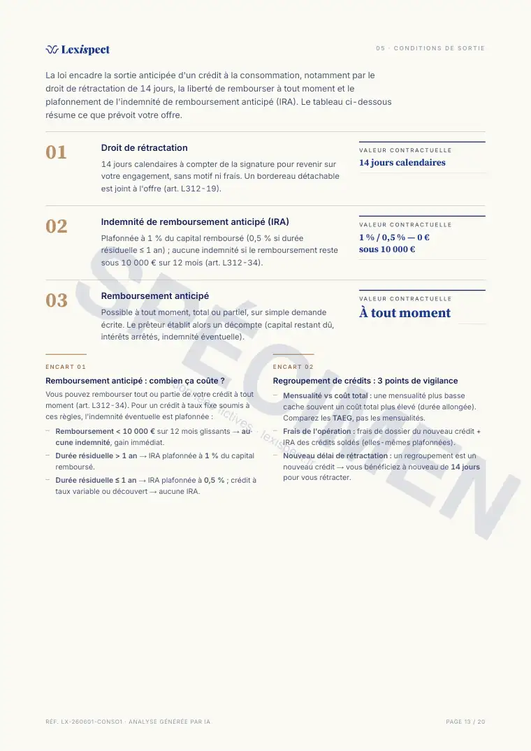 Page 13 du rapport Crédit à la consommation, spécimen