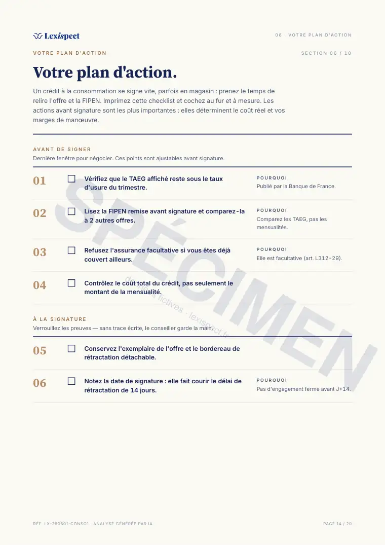 Page 14 du rapport Crédit à la consommation, spécimen