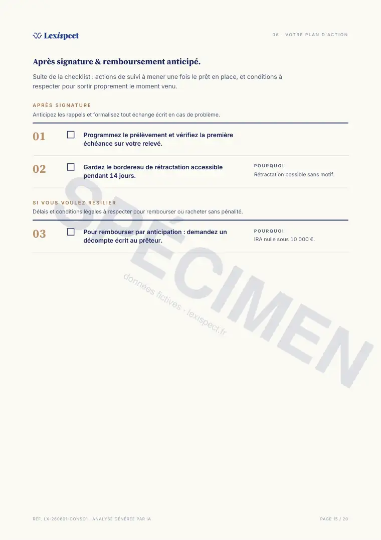 Page 15 du rapport Crédit à la consommation, spécimen