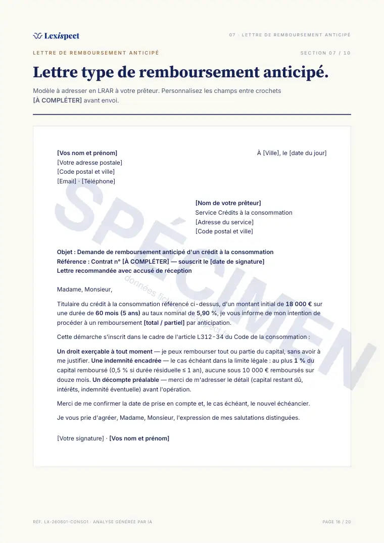 Page 16 du rapport Crédit à la consommation, spécimen