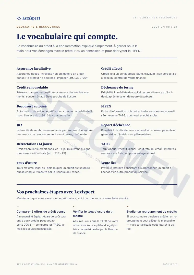 Page 18 du rapport Crédit à la consommation, spécimen