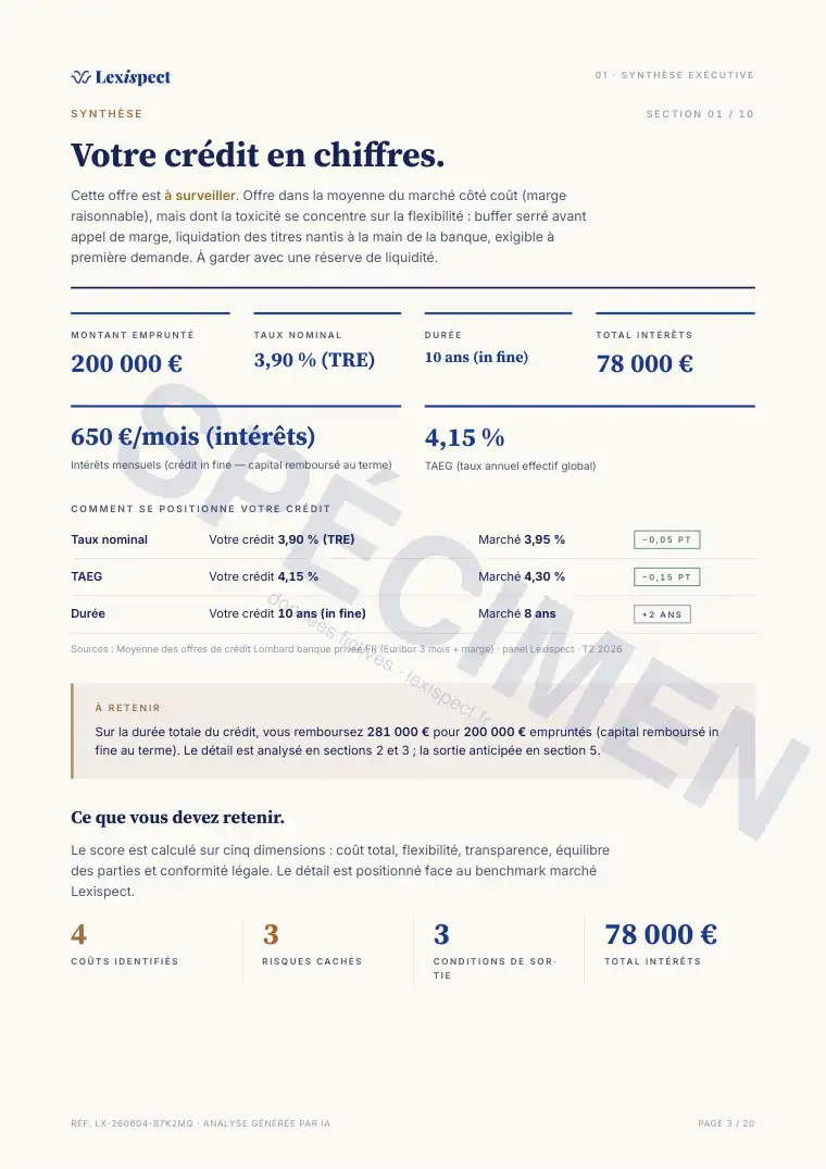 Page 3 du rapport Crédit Lombard (prêt nanti sur titres), spécimen