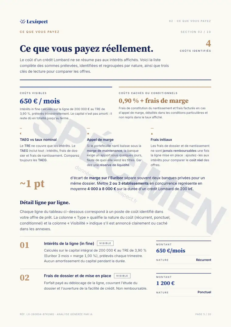 Page 5 du rapport Crédit Lombard (prêt nanti sur titres), spécimen