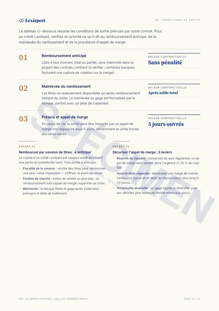 Page 13 du rapport Crédit Lombard (prêt nanti sur titres), spécimen