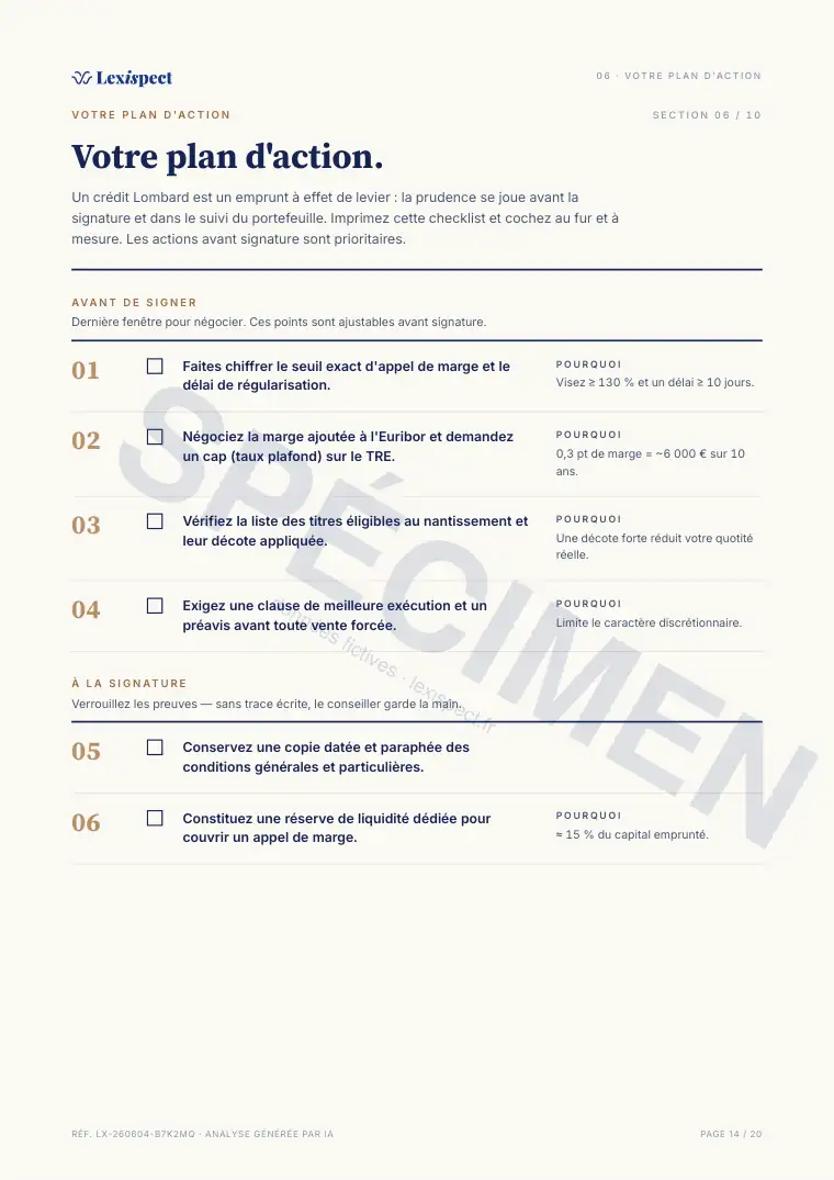 Page 14 du rapport Crédit Lombard (prêt nanti sur titres), spécimen