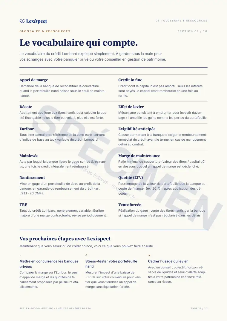 Page 18 du rapport Crédit Lombard (prêt nanti sur titres), spécimen