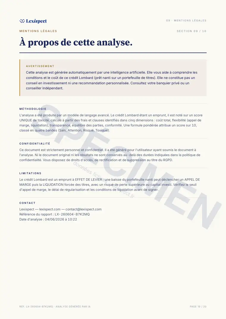Page 19 du rapport Crédit Lombard (prêt nanti sur titres), spécimen
