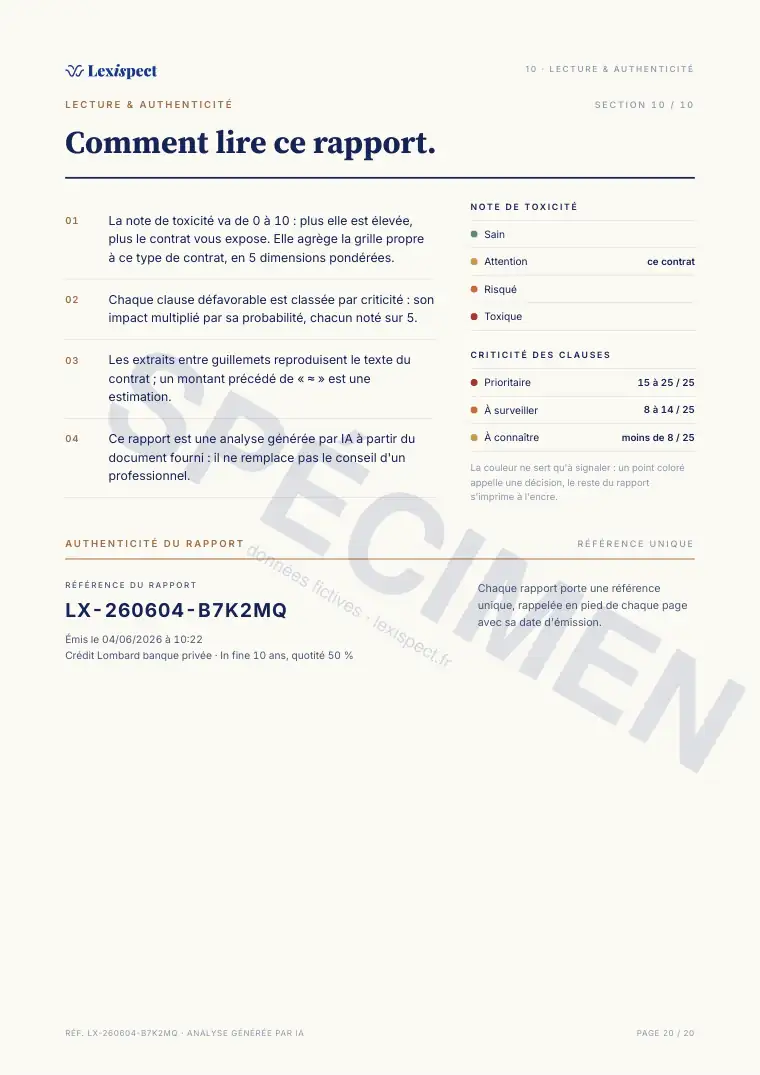 Page 20 du rapport Crédit Lombard (prêt nanti sur titres), spécimen