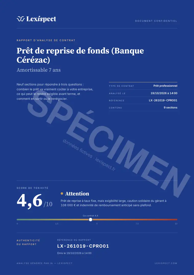 Page 1 du rapport Prêt professionnel, spécimen