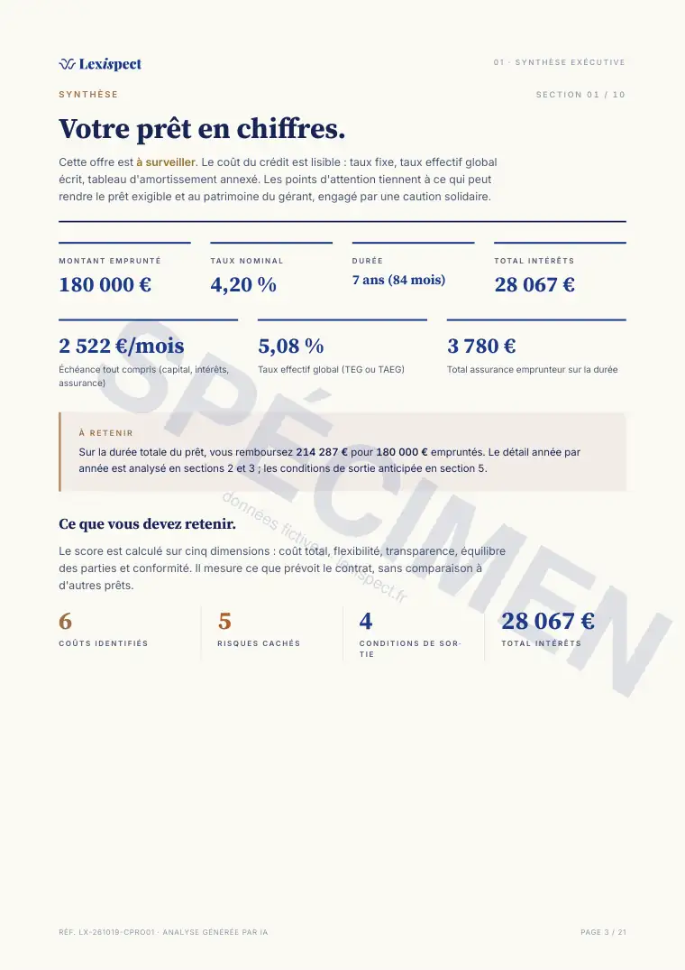 Page 3 du rapport Prêt professionnel, spécimen
