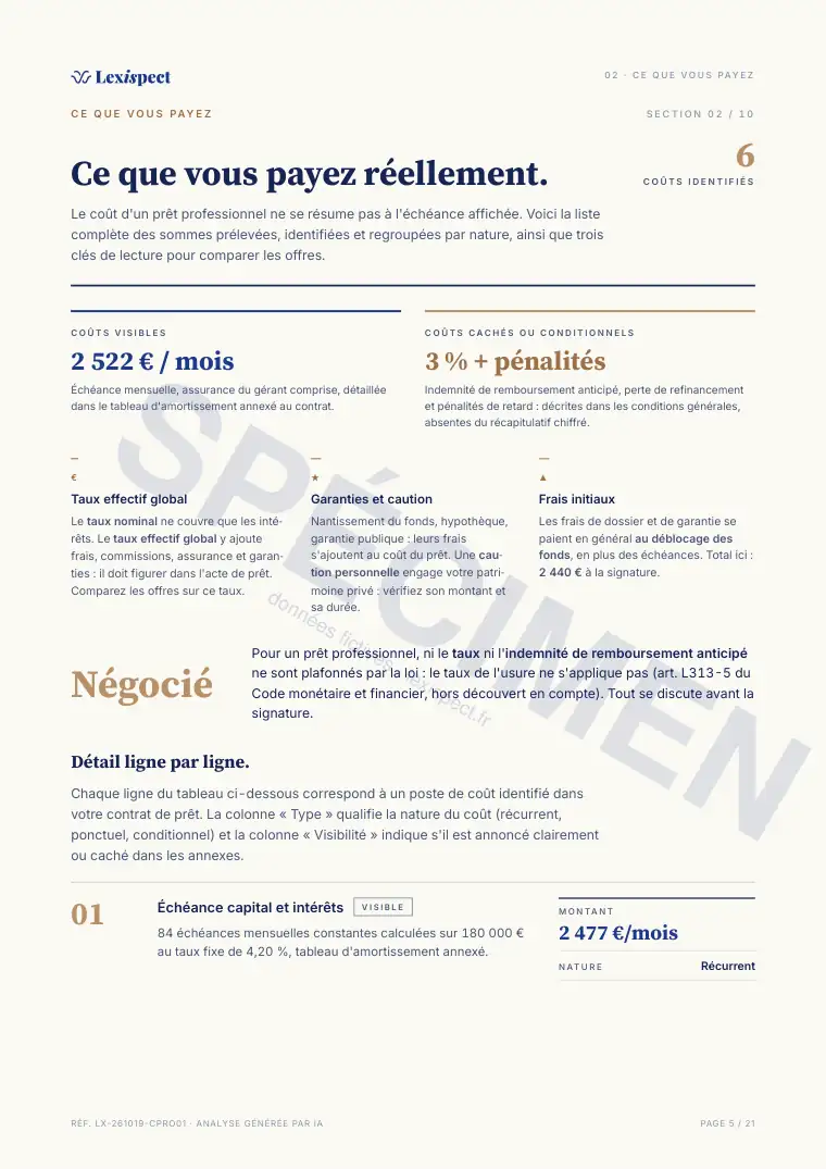 Page 5 du rapport Prêt professionnel, spécimen