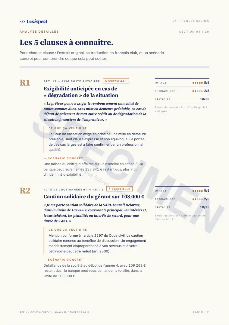 Page 10 du rapport Prêt professionnel, spécimen