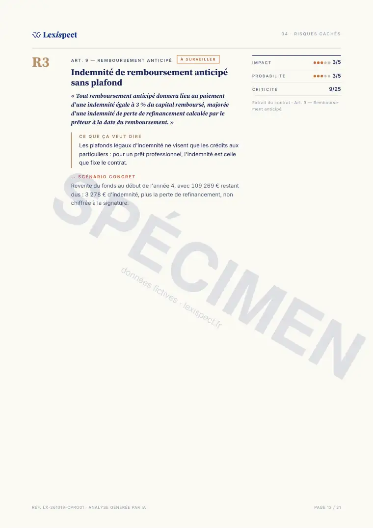 Page 12 du rapport Prêt professionnel, spécimen