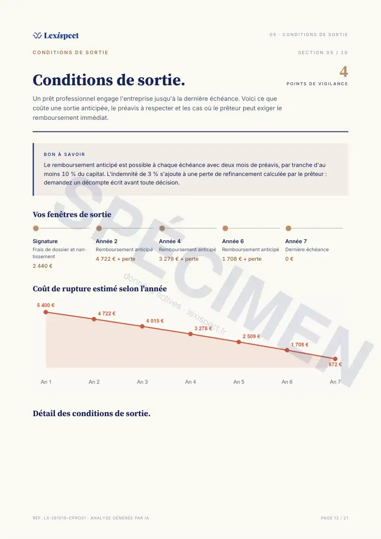 Page 13 du rapport Prêt professionnel, spécimen
