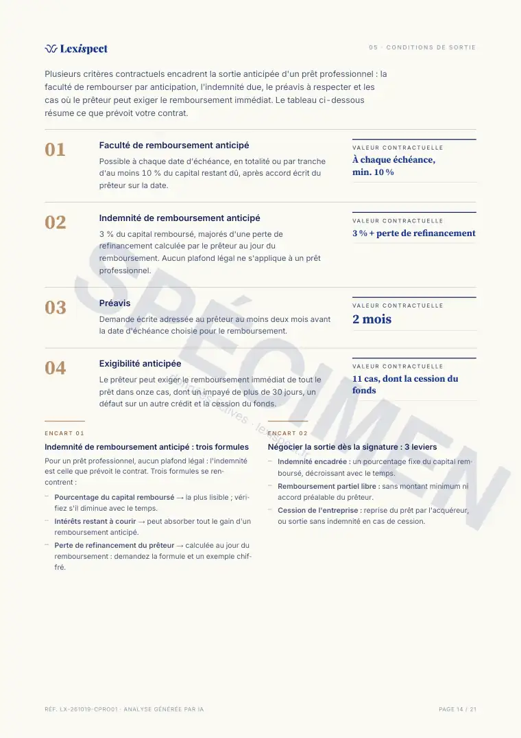 Page 14 du rapport Prêt professionnel, spécimen