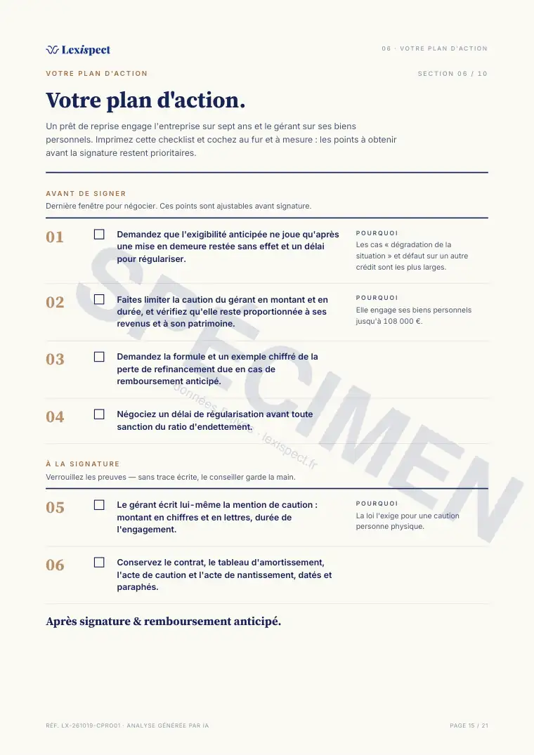Page 15 du rapport Prêt professionnel, spécimen