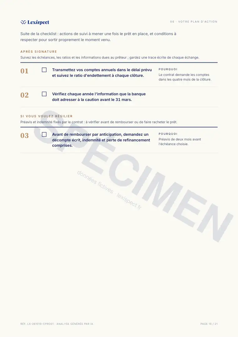 Page 16 du rapport Prêt professionnel, spécimen