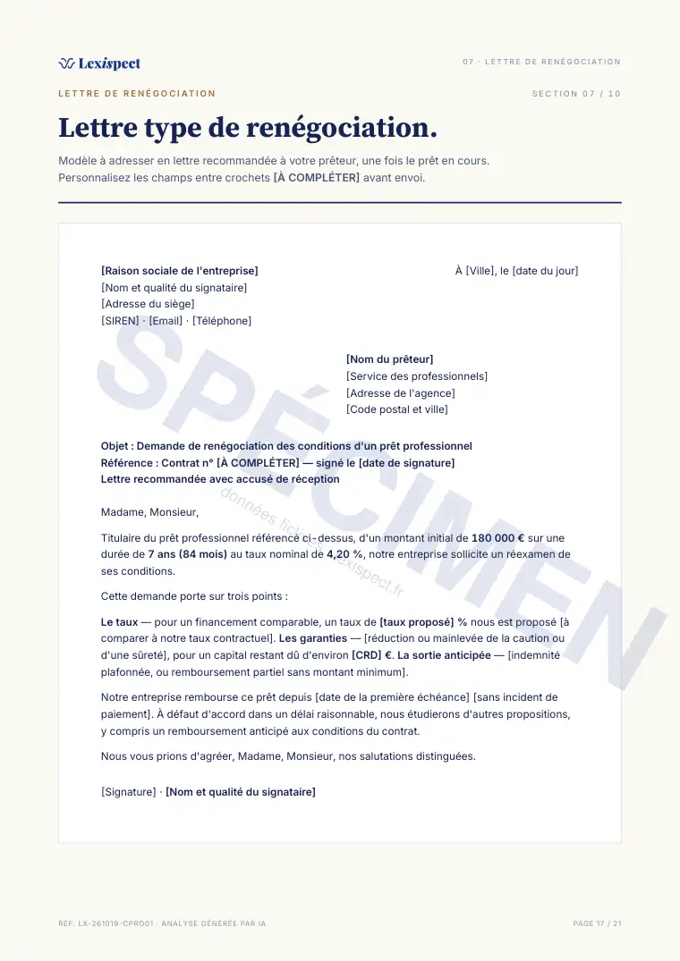 Page 17 du rapport Prêt professionnel, spécimen