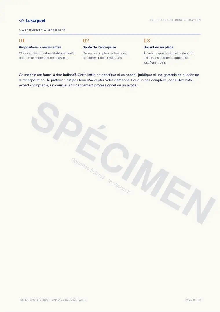 Page 18 du rapport Prêt professionnel, spécimen