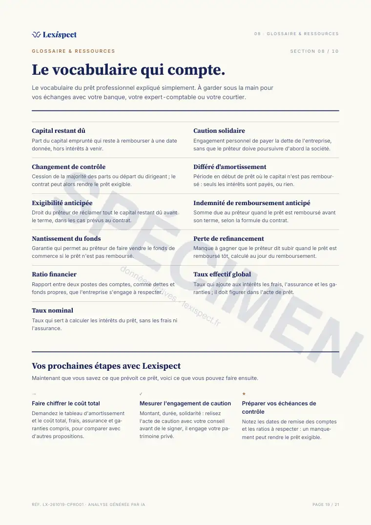 Page 19 du rapport Prêt professionnel, spécimen