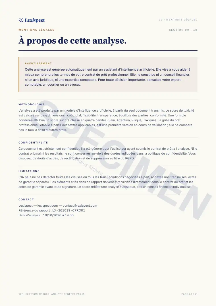 Page 20 du rapport Prêt professionnel, spécimen