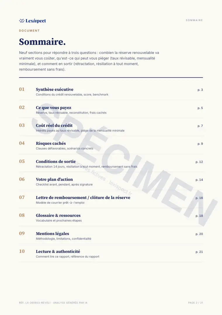Page 2 du rapport Crédit renouvelable (revolving), spécimen