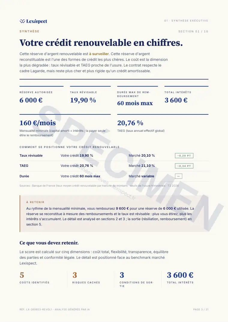 Page 3 du rapport Crédit renouvelable (revolving), spécimen