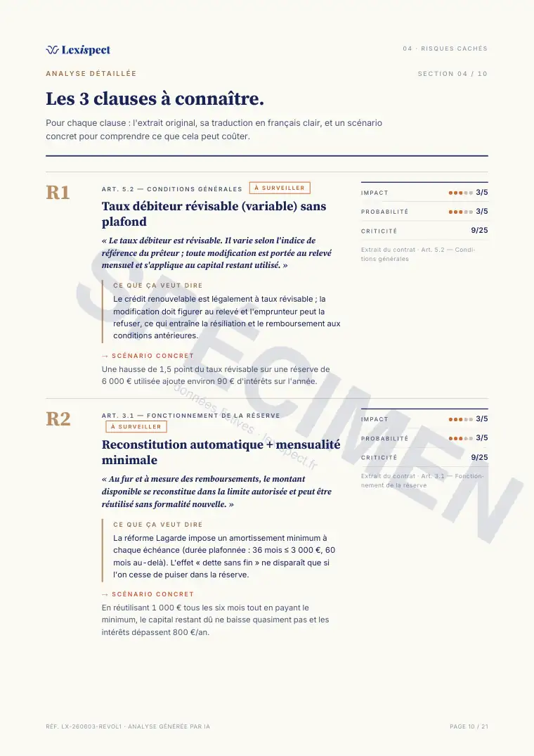 Page 10 du rapport Crédit renouvelable (revolving), spécimen