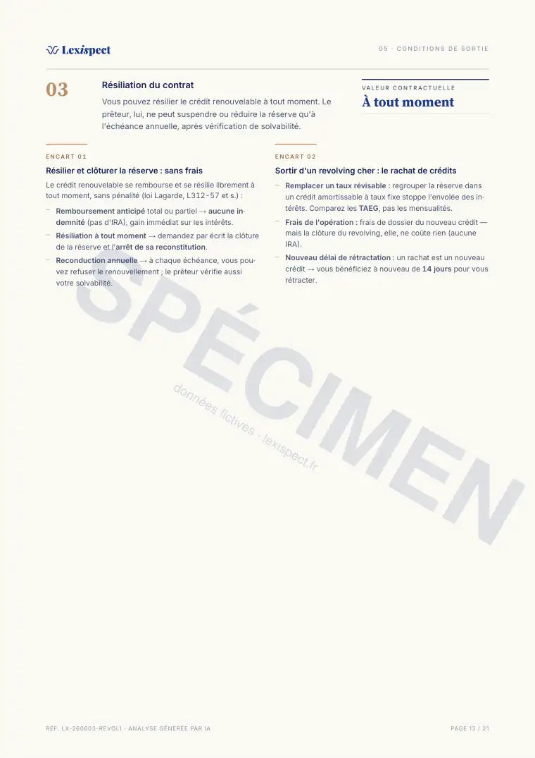 Page 13 du rapport Crédit renouvelable (revolving), spécimen