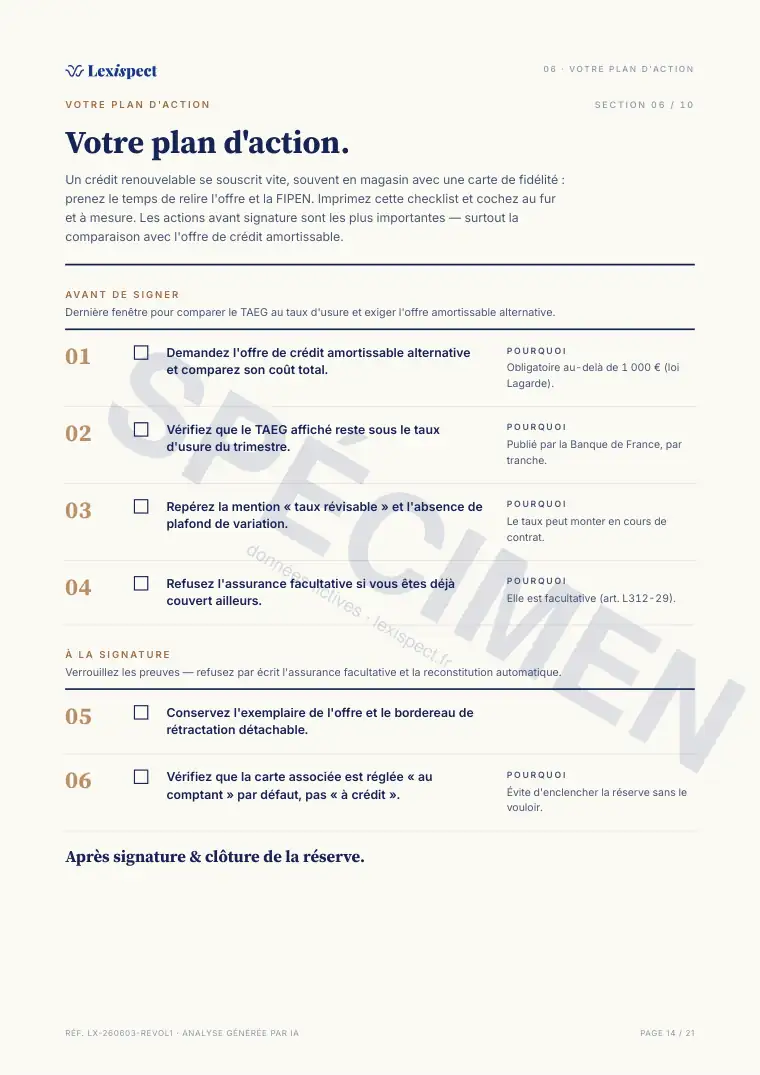 Page 14 du rapport Crédit renouvelable (revolving), spécimen