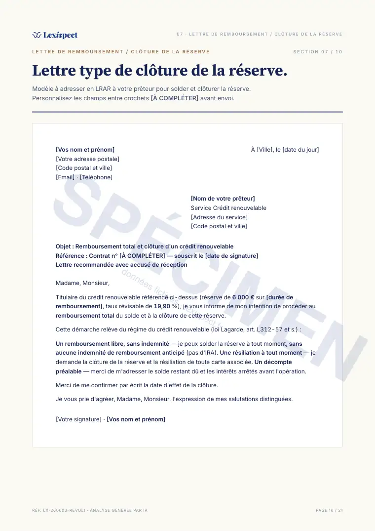 Page 16 du rapport Crédit renouvelable (revolving), spécimen