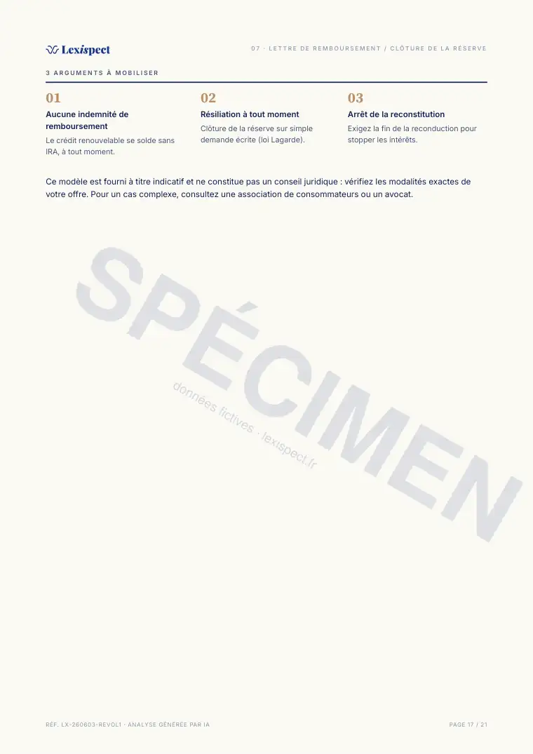 Page 17 du rapport Crédit renouvelable (revolving), spécimen