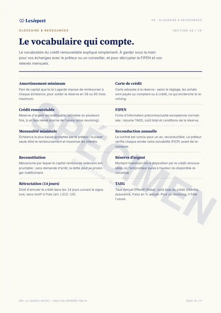 Page 18 du rapport Crédit renouvelable (revolving), spécimen