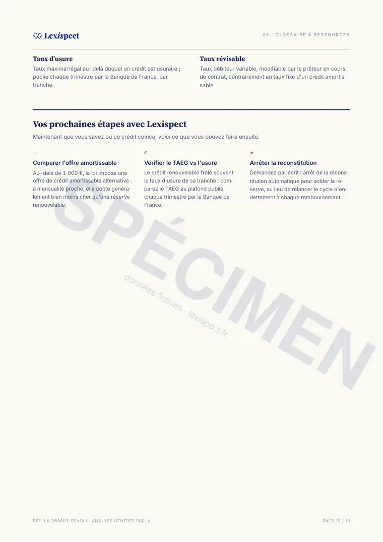 Page 19 du rapport Crédit renouvelable (revolving), spécimen