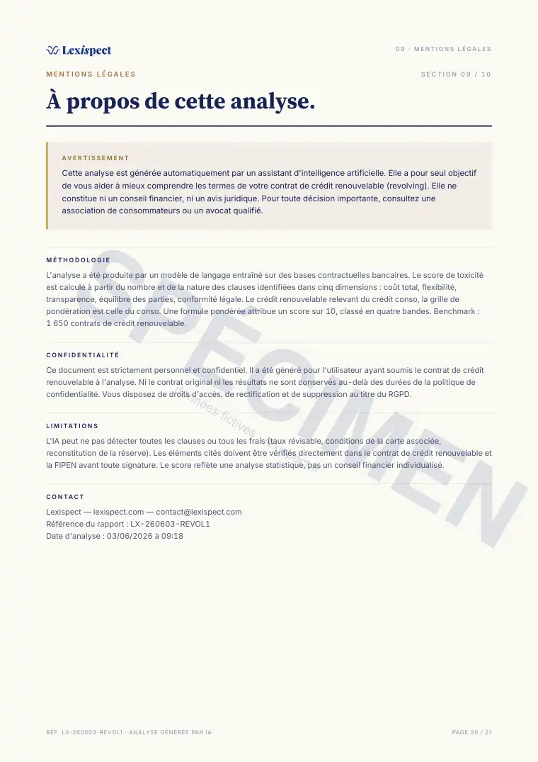 Page 20 du rapport Crédit renouvelable (revolving), spécimen