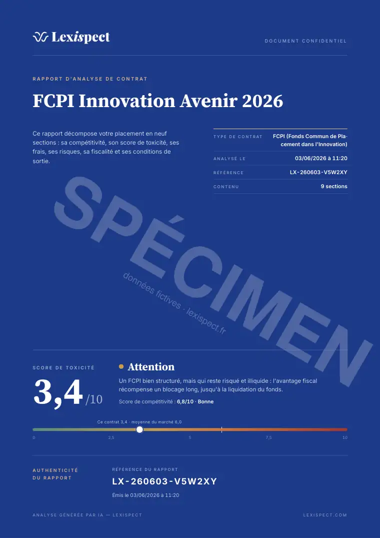 Page 1 du rapport FCPI (innovation, défiscalisation), spécimen