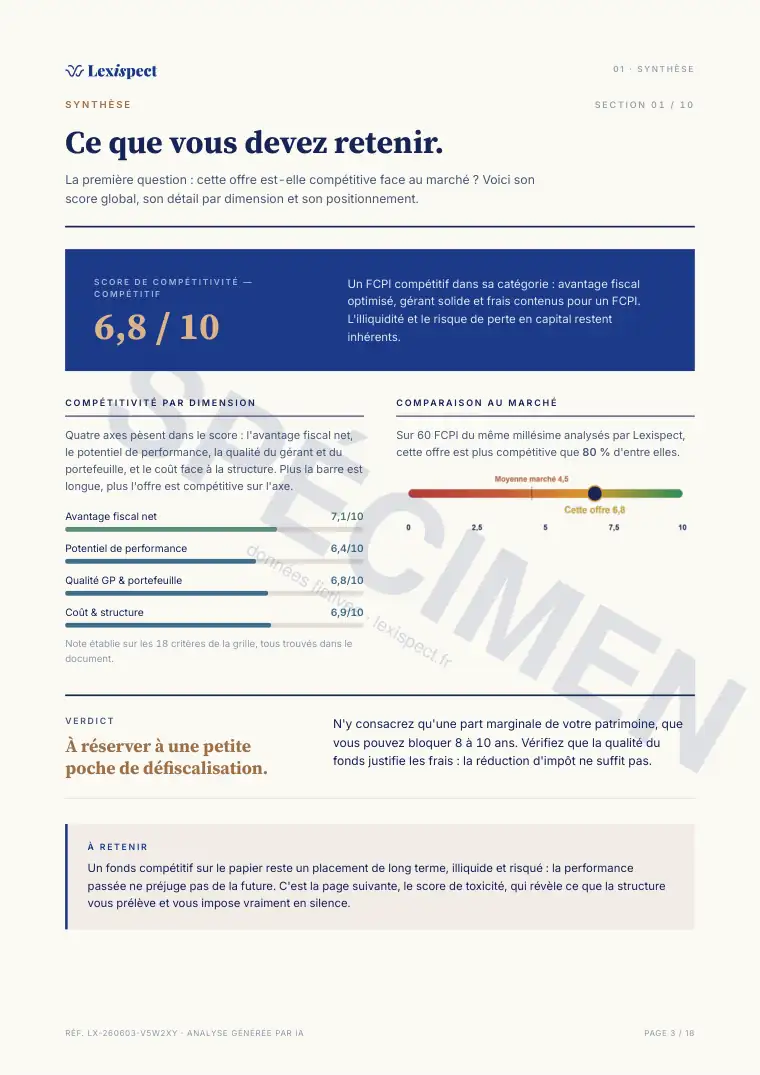 Page 3 du rapport FCPI (innovation, défiscalisation), spécimen