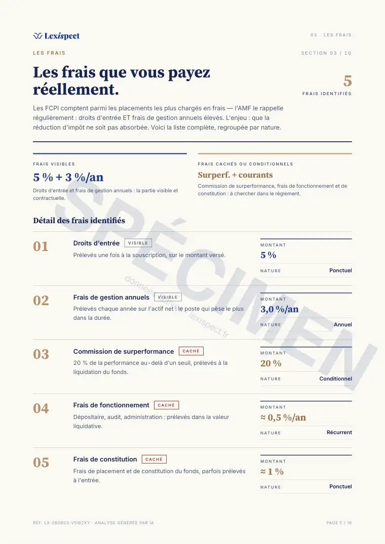 Page 5 du rapport FCPI (innovation, défiscalisation), spécimen