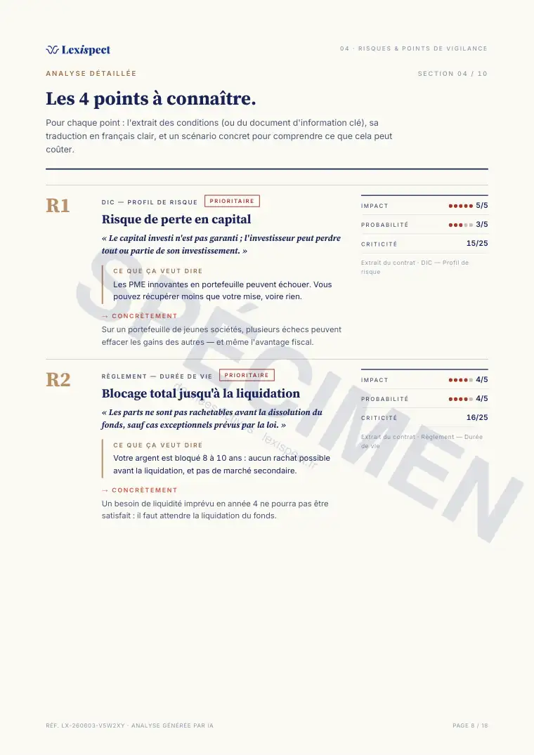 Page 8 du rapport FCPI (innovation, défiscalisation), spécimen