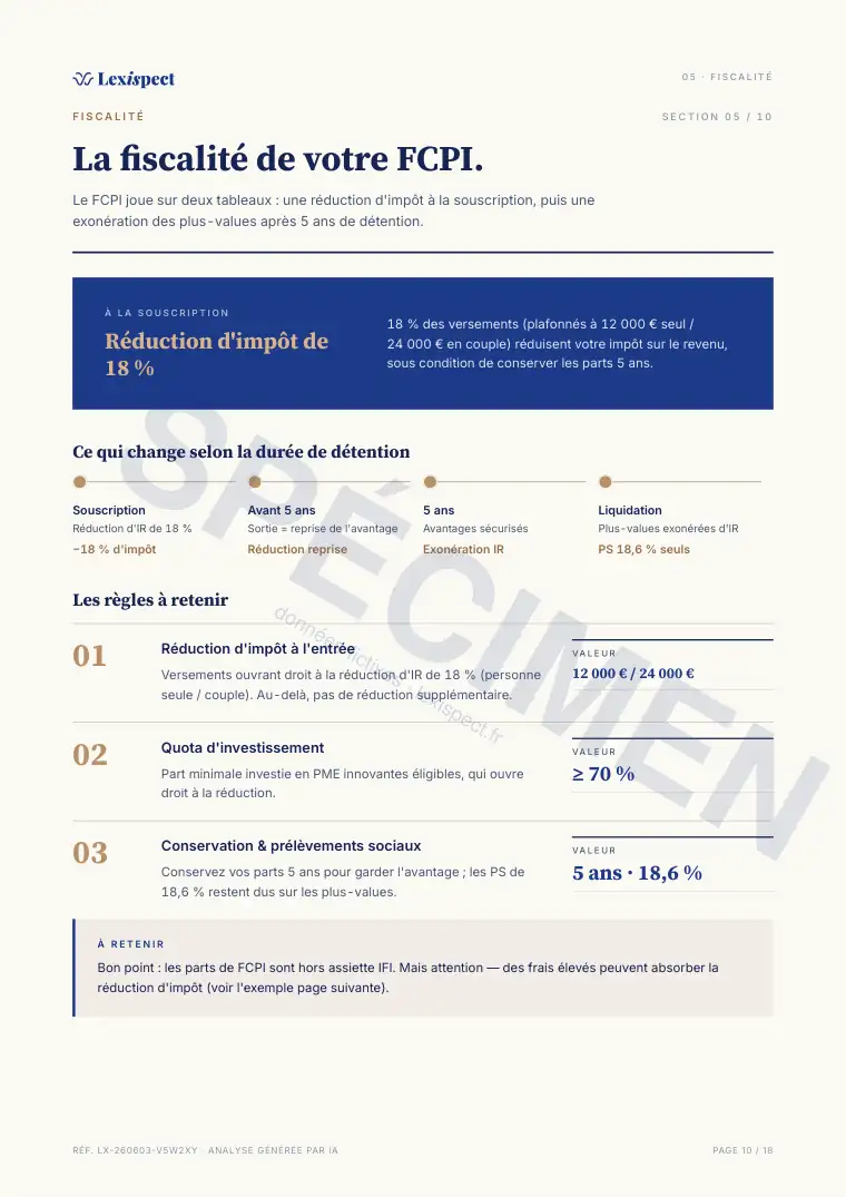 Page 10 du rapport FCPI (innovation, défiscalisation), spécimen