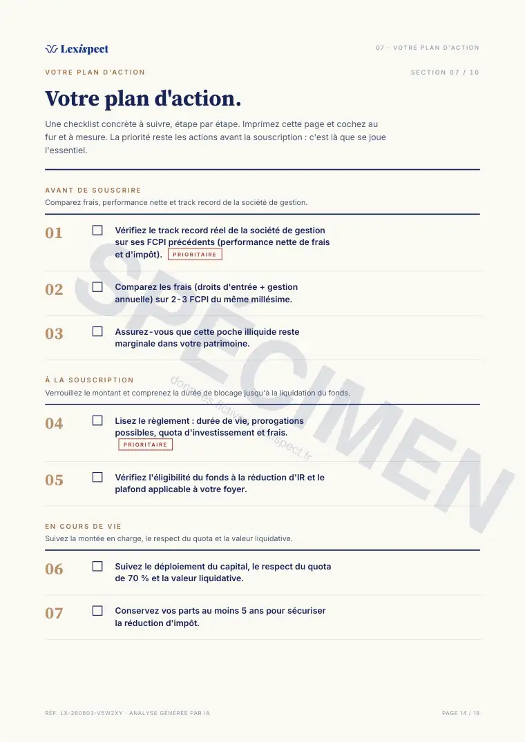 Page 14 du rapport FCPI (innovation, défiscalisation), spécimen