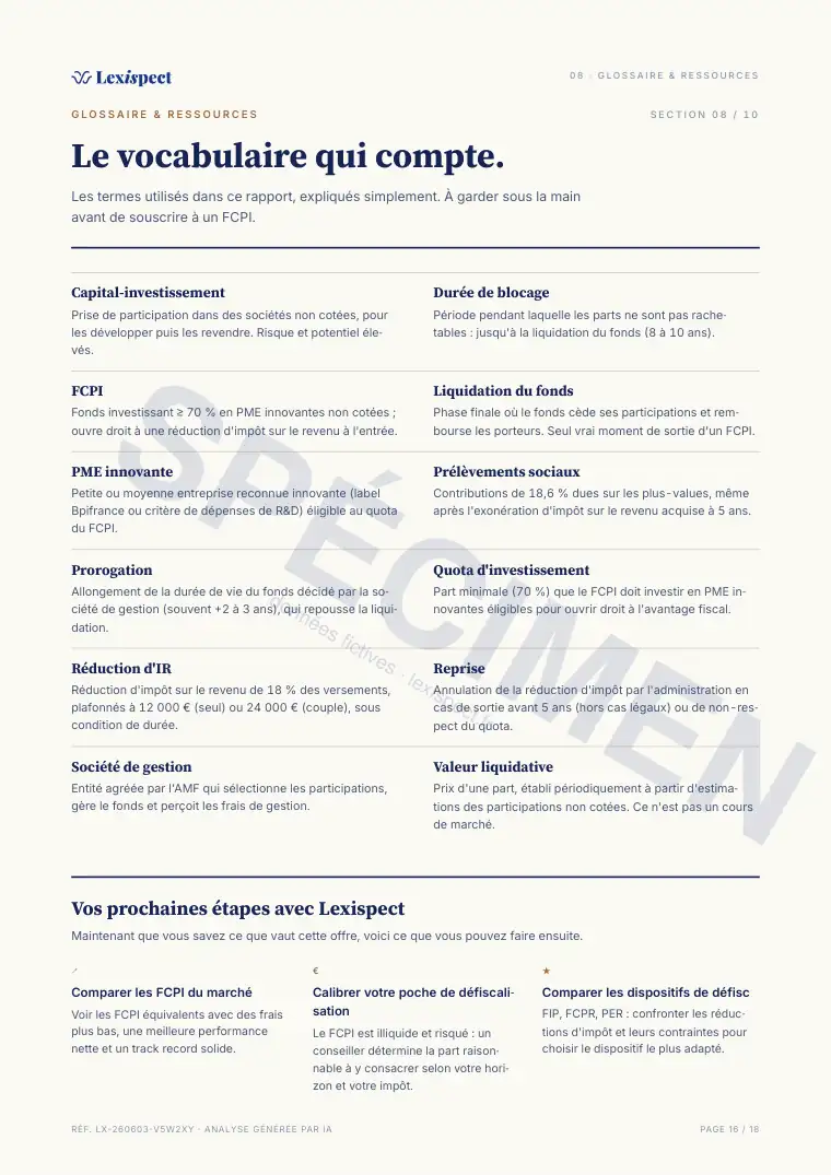 Page 16 du rapport FCPI (innovation, défiscalisation), spécimen