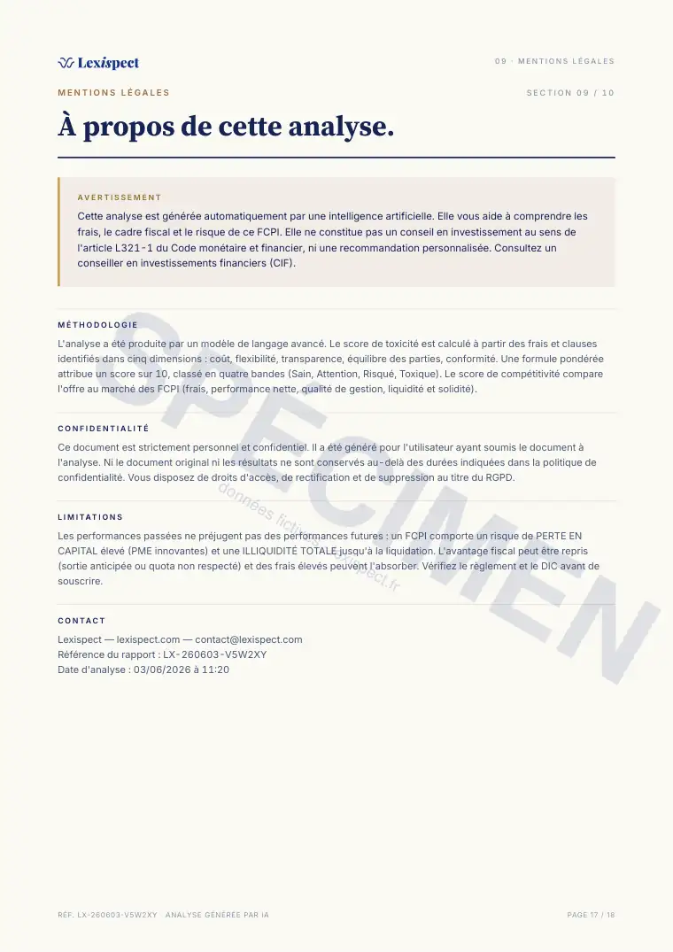 Page 17 du rapport FCPI (innovation, défiscalisation), spécimen