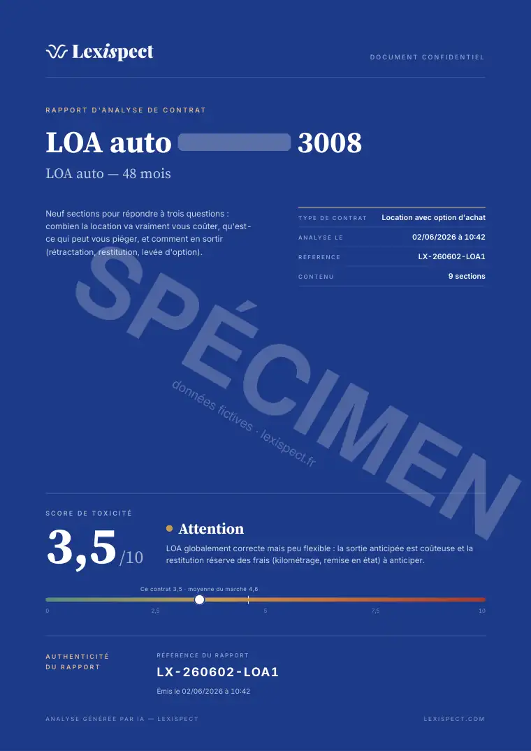 Page 1 du rapport Location avec option d'achat (LOA), spécimen